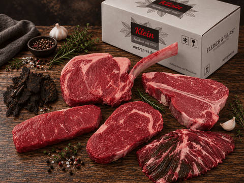 Rindfleischpaket mit Steaks und Tomahawk-Steak vor einem Versandkarton