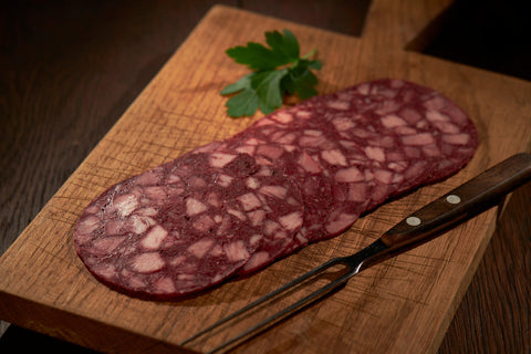Blutwurst mit Schinkenwürfeln, Wurstaufschnitt, Metzgerei Klein