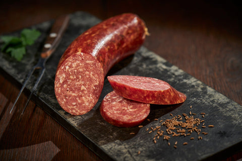 Grobe Mettwurst mit Kümmel, Streichwurst, Metzgerei Klein