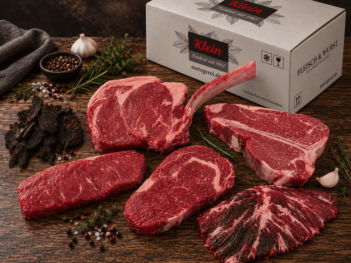 Rindfleischpaket mit Steaks und Tomahawk-Steak vor einem Versandkarton